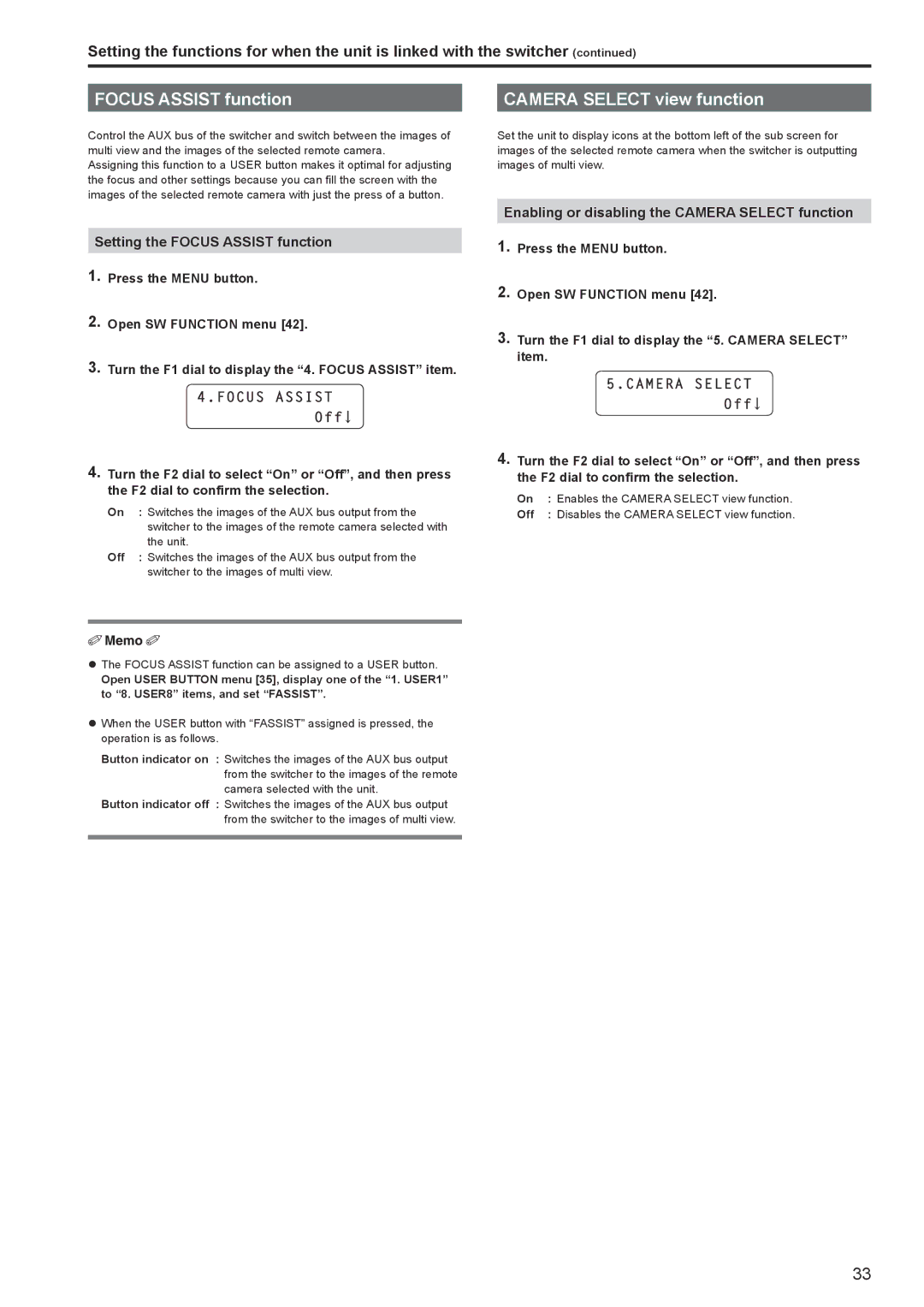 Panasonic AWRP120GJ operating instructions Camera Select view function, Setting the Focus Assist function 