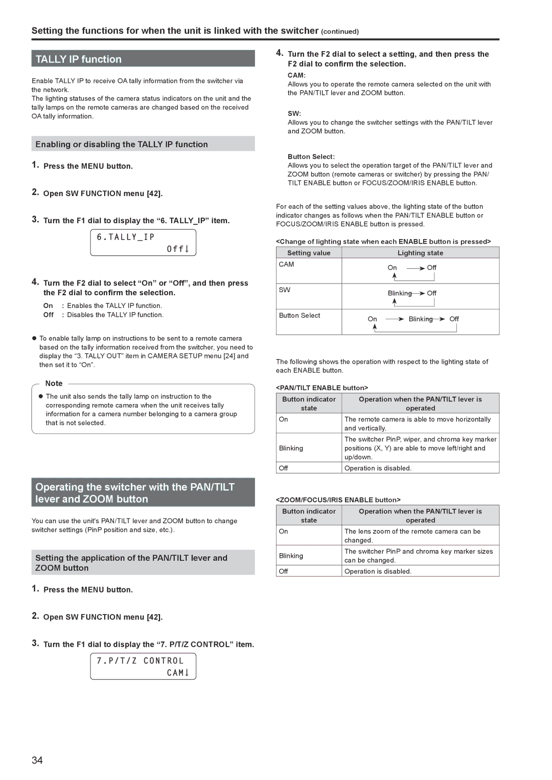 Panasonic AWRP120GJ operating instructions Enabling or disabling the Tally IP function, Tallyip, T/Z Control CAM, Cam 