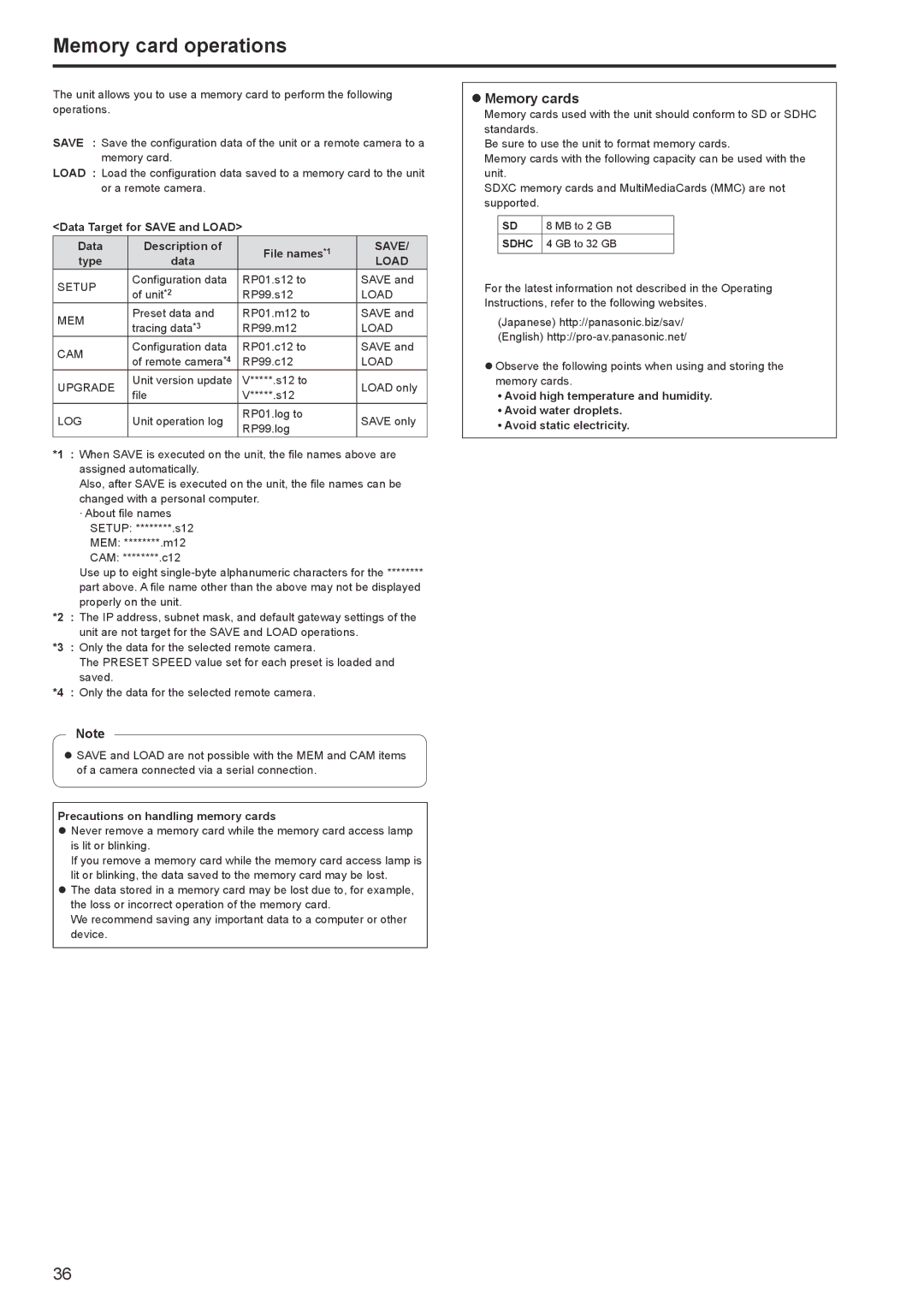 Panasonic AWRP120GJ operating instructions Memory card operations, ZzMemory cards, Save, Load 