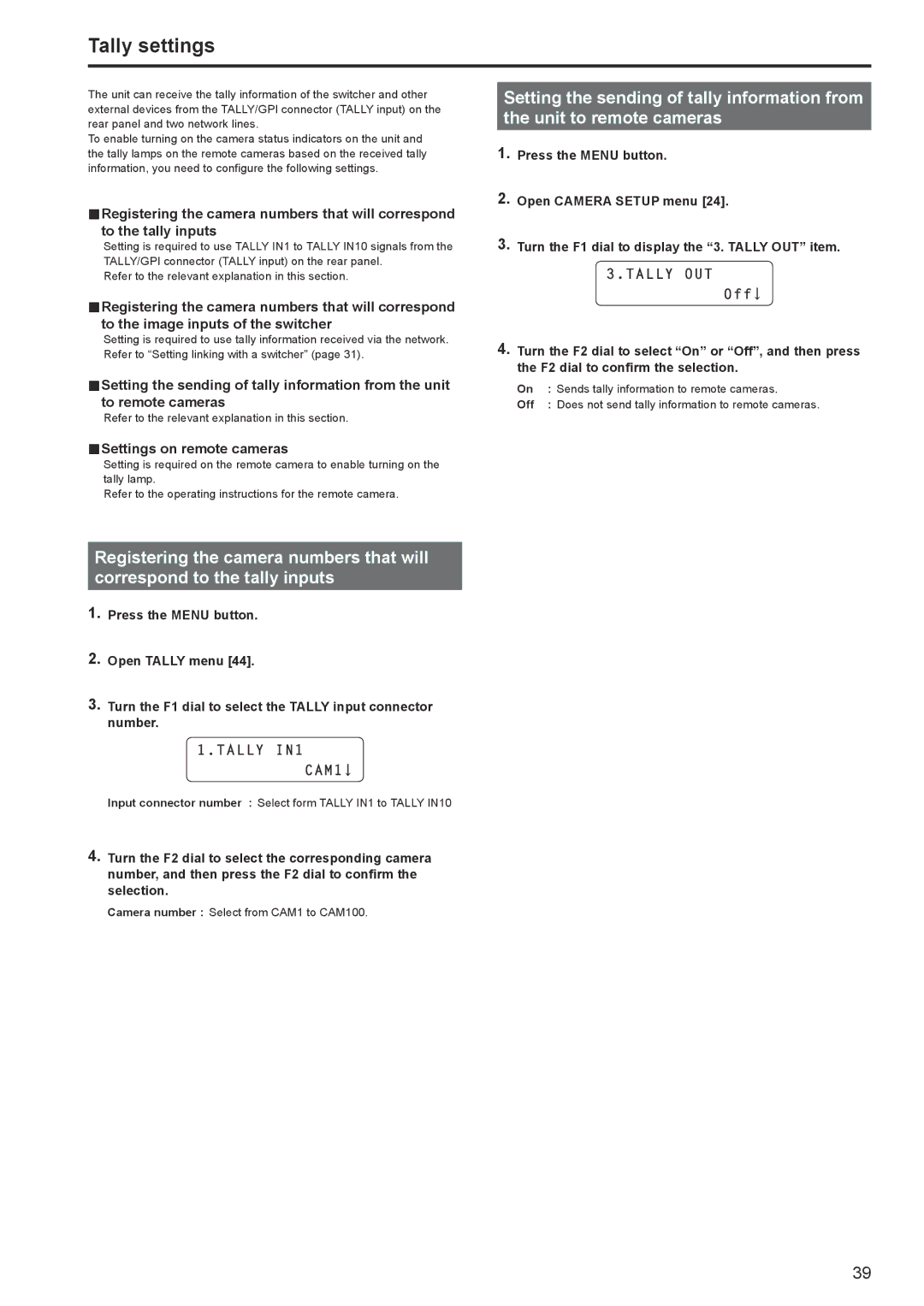 Panasonic AWRP120GJ operating instructions Tally settings, „„Settings on remote cameras, Tally IN1, Tally OUT 