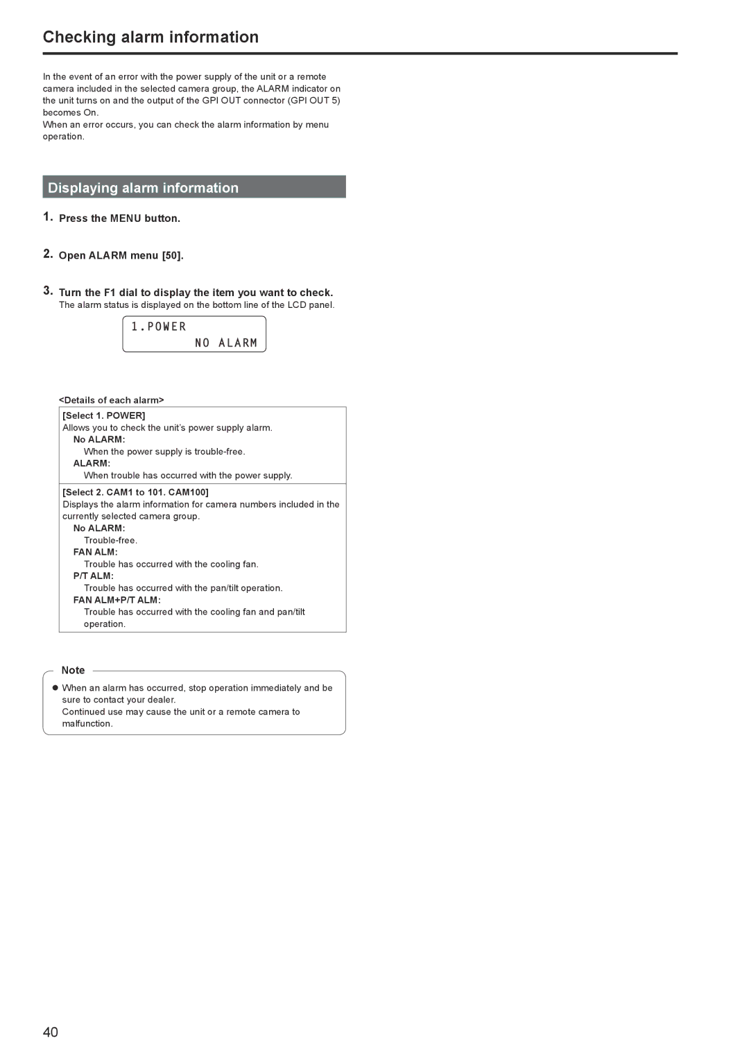 Panasonic AWRP120GJ operating instructions Checking alarm information, Displaying alarm information, Power No Alarm 