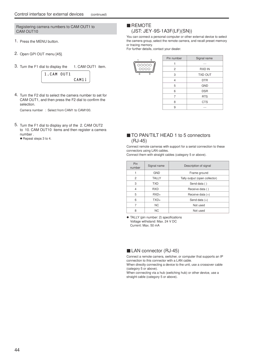 Panasonic AWRP120GJ operating instructions Registering camera numbers to CAM OUT1 to CAM OUT10, CAM OUT1 