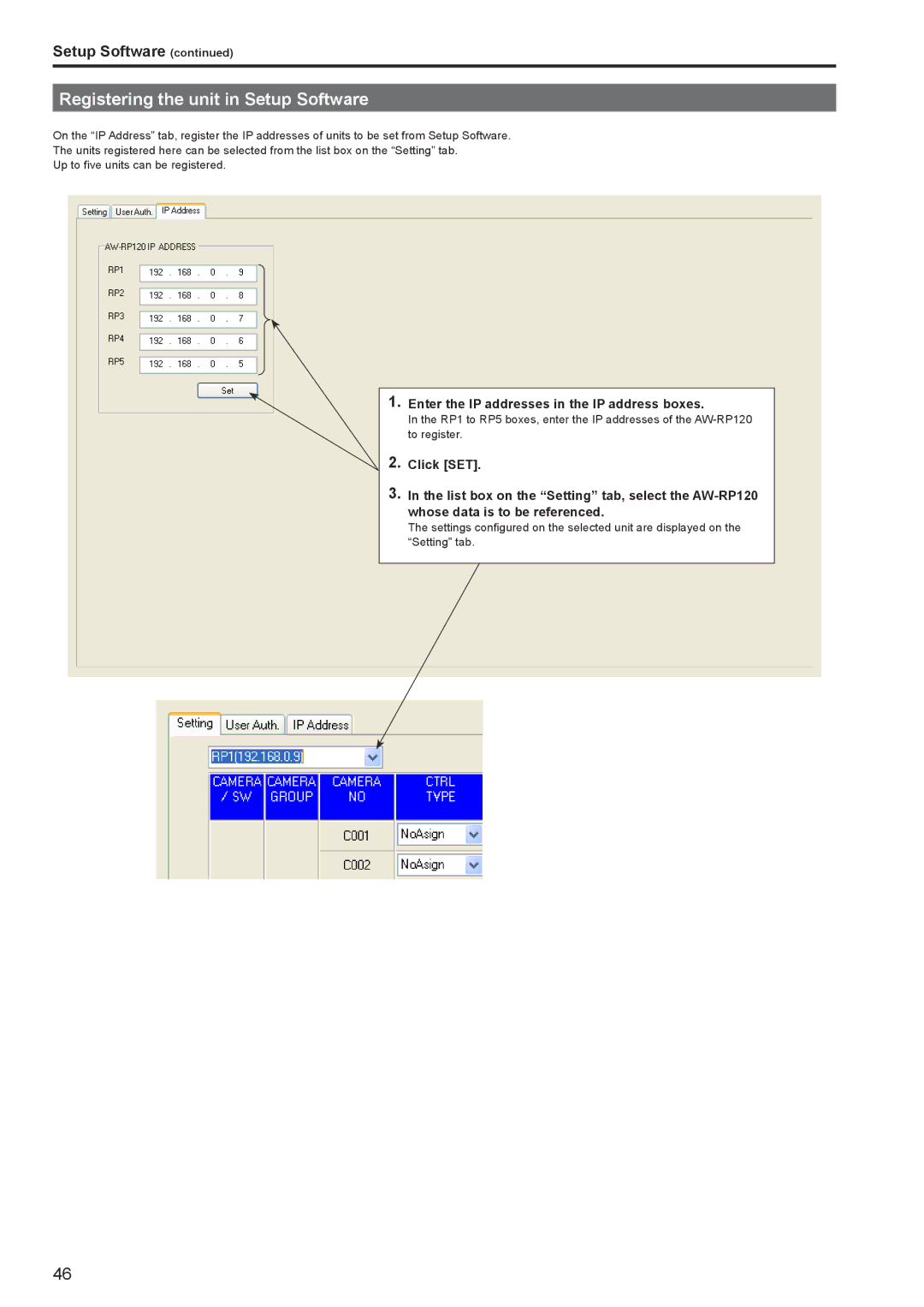 Panasonic AWRP120GJ Registering the unit in Setup Software, Enter the IP addresses in the IP address boxes 