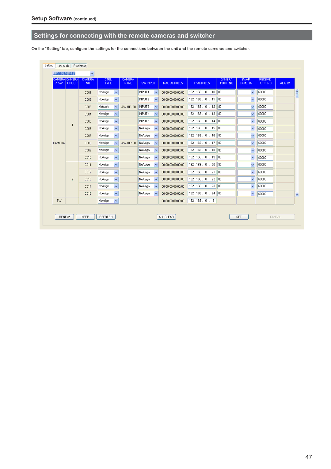 Panasonic AWRP120GJ operating instructions Settings for connecting with the remote cameras and switcher 