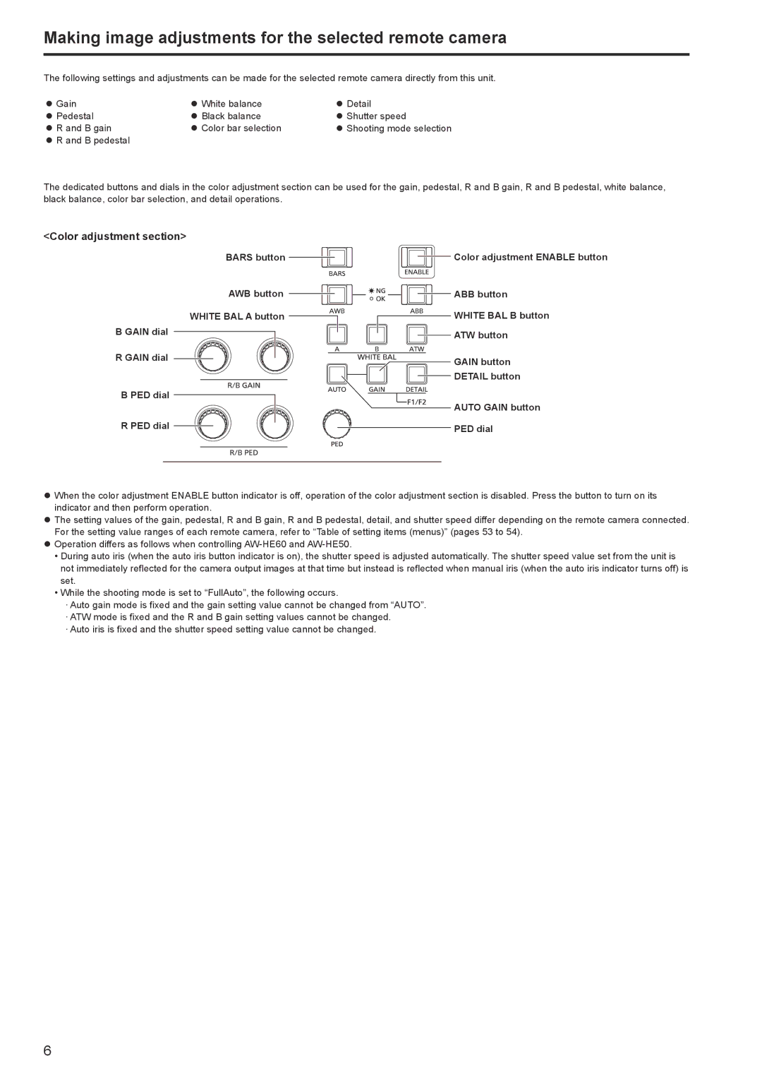 Panasonic AWRP120GJ Making image adjustments for the selected remote camera, Color adjustment section, ZzR and B pedestal 