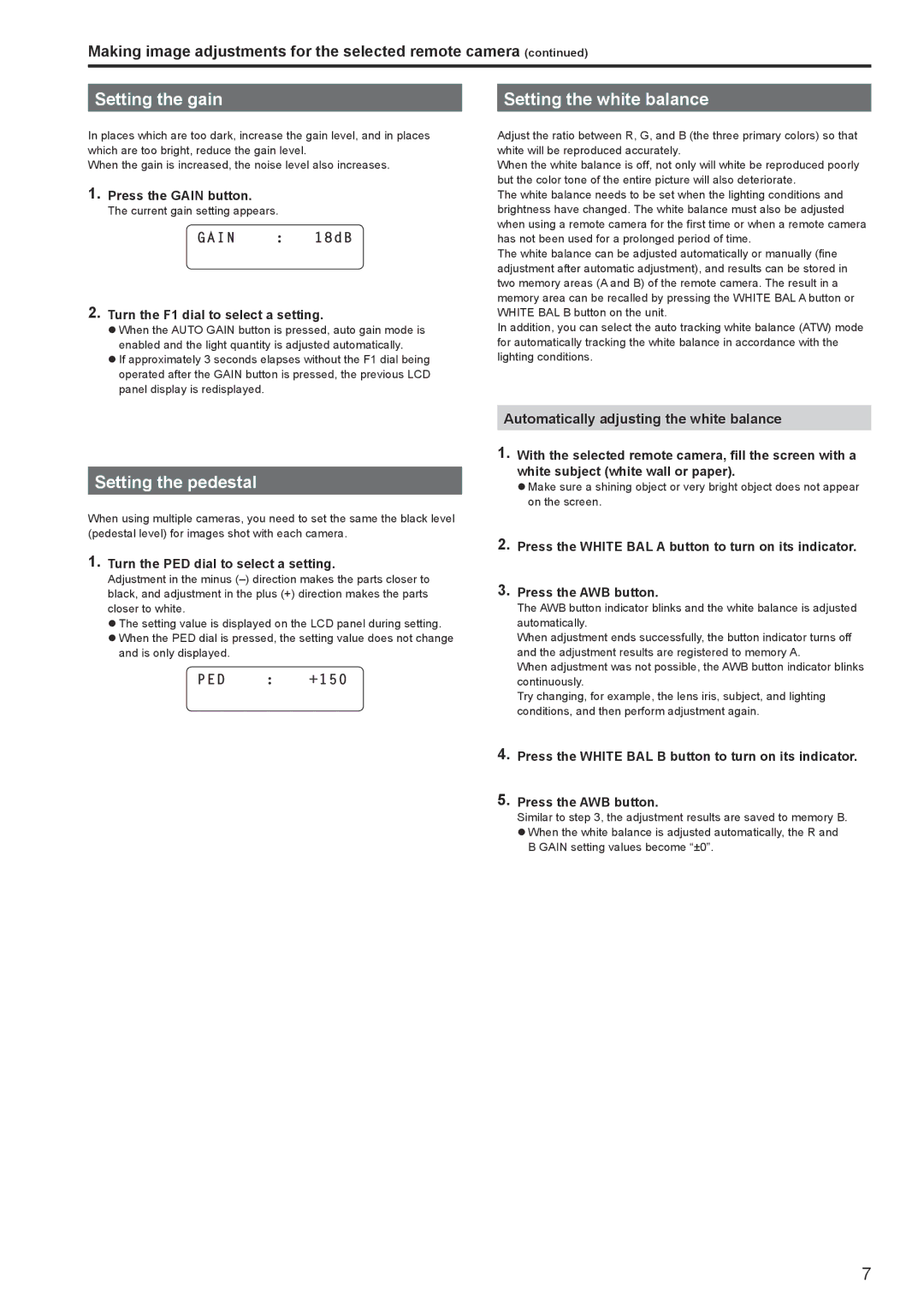 Panasonic AWRP120GJ operating instructions Setting the gain, Setting the pedestal, Setting the white balance 