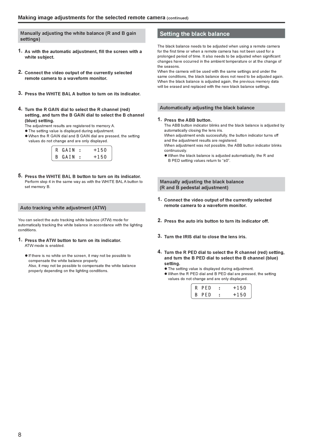 Panasonic AWRP120GJ Setting the black balance, Manually adjusting the white balance R and B gain settings, Ped 