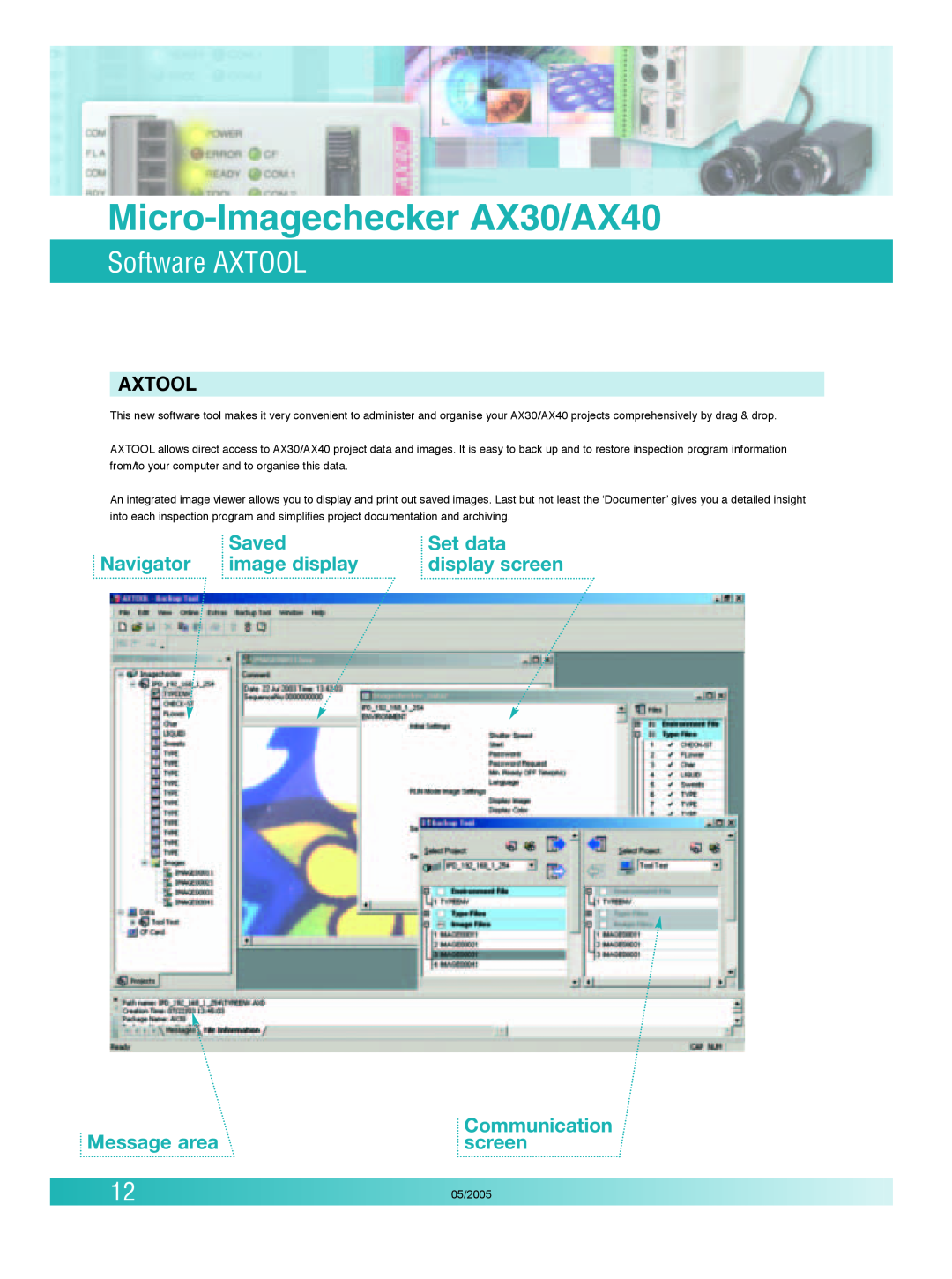 Panasonic Software AXTOOL, Axtool, Micro-Imagechecker AX30/AX40, Saved, Set data, Navigator, image display, screen 