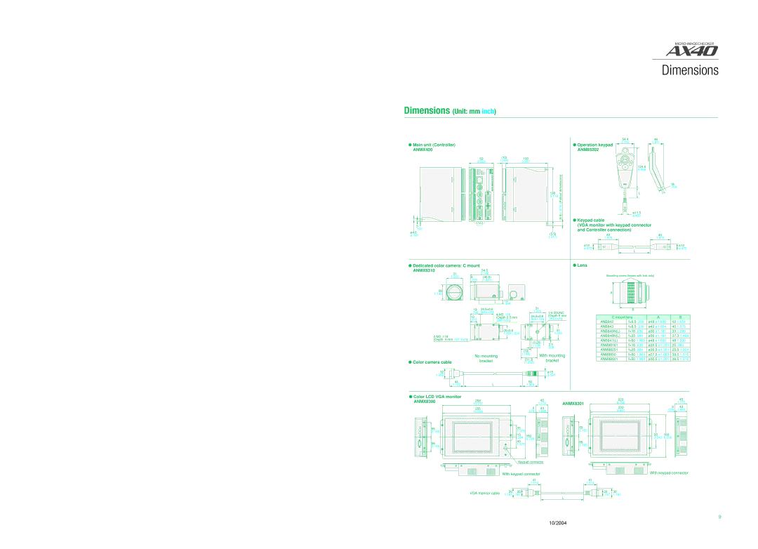 Panasonic AX40 specifications Dimensions Unit mm inch 