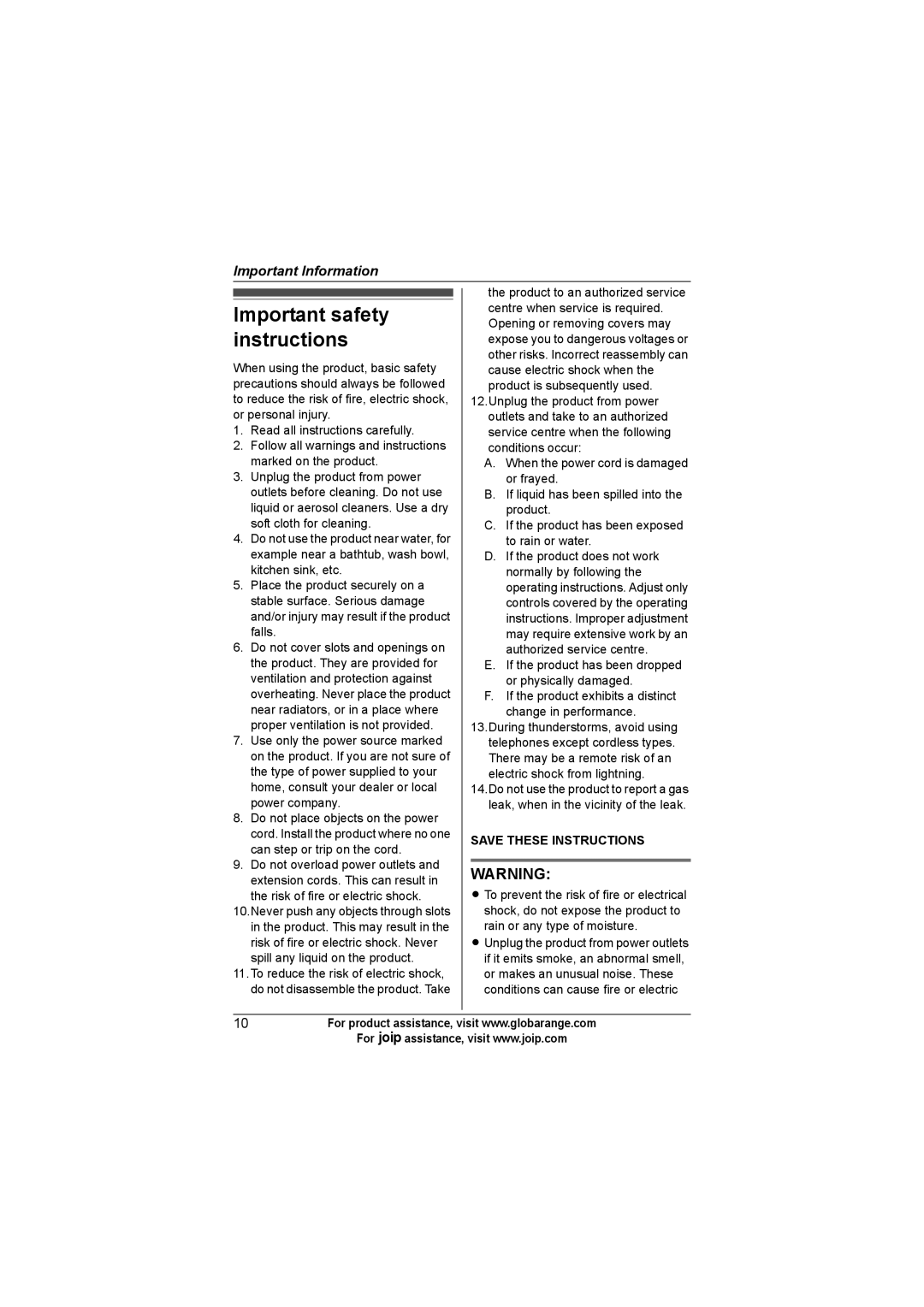 Panasonic BB-GT1500C, BB-GT1540C, BB-GT1502C operating instructions Important safety instructions 