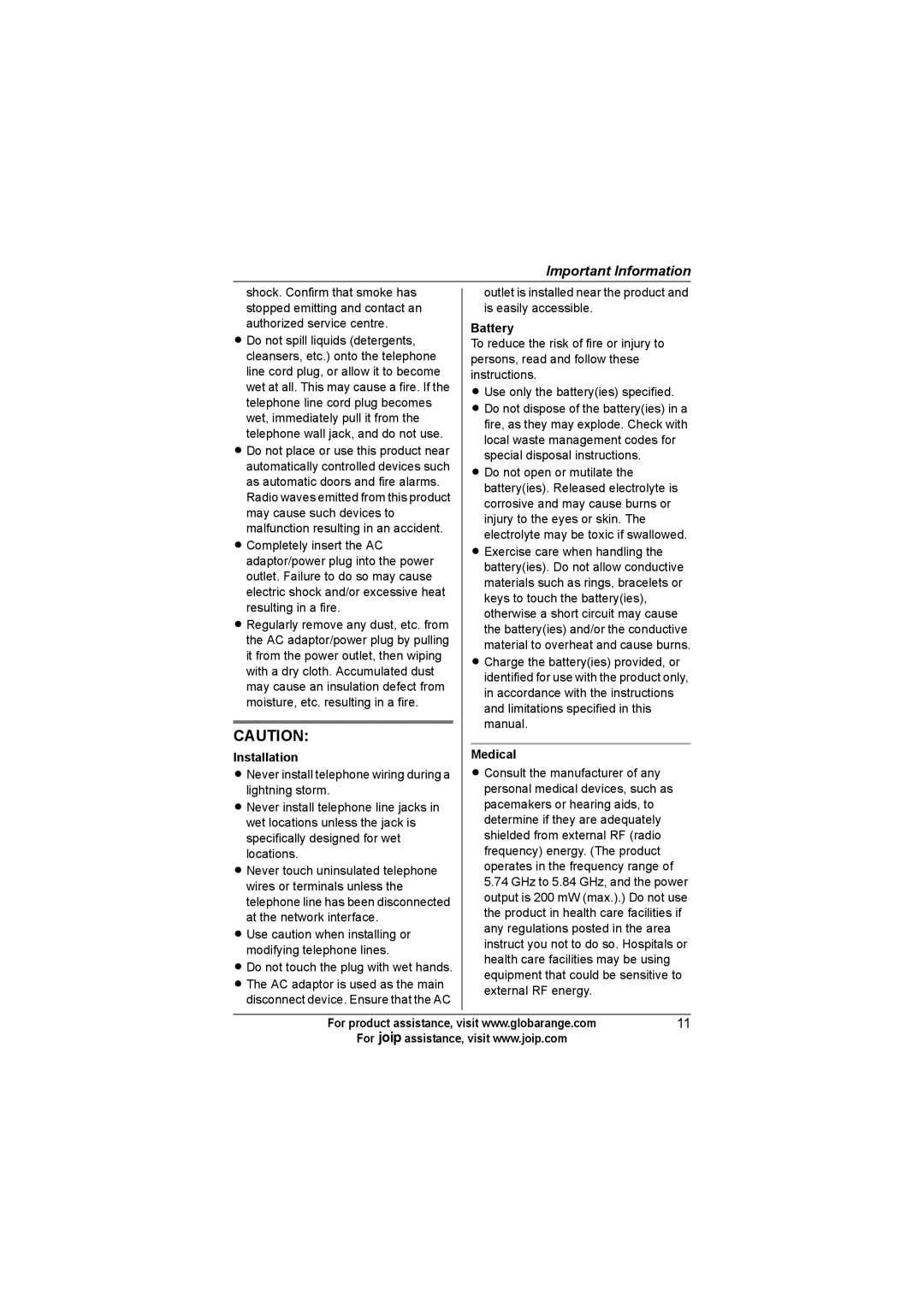 Panasonic BB-GT1502C, BB-GT1540C, BB-GT1500C operating instructions Installation, Battery, Medical 