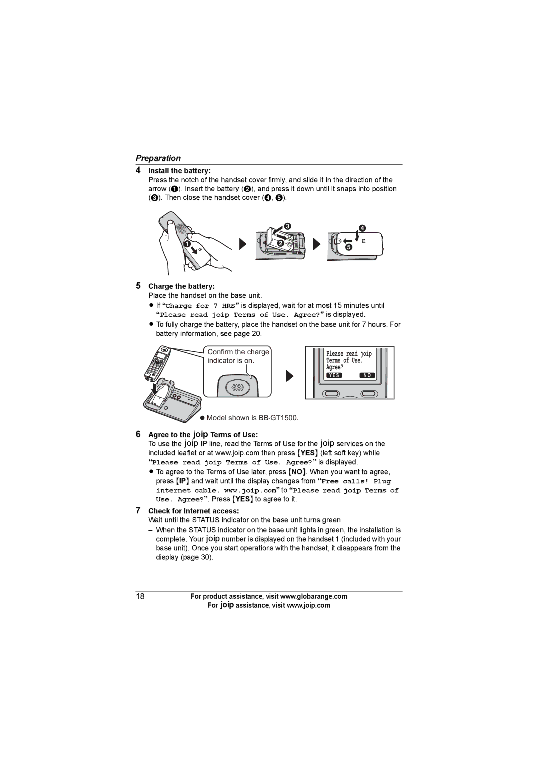 Panasonic BB-GT1540C Install the battery, Charge the battery, Agree to the ATerms of Use Check for Internet access 