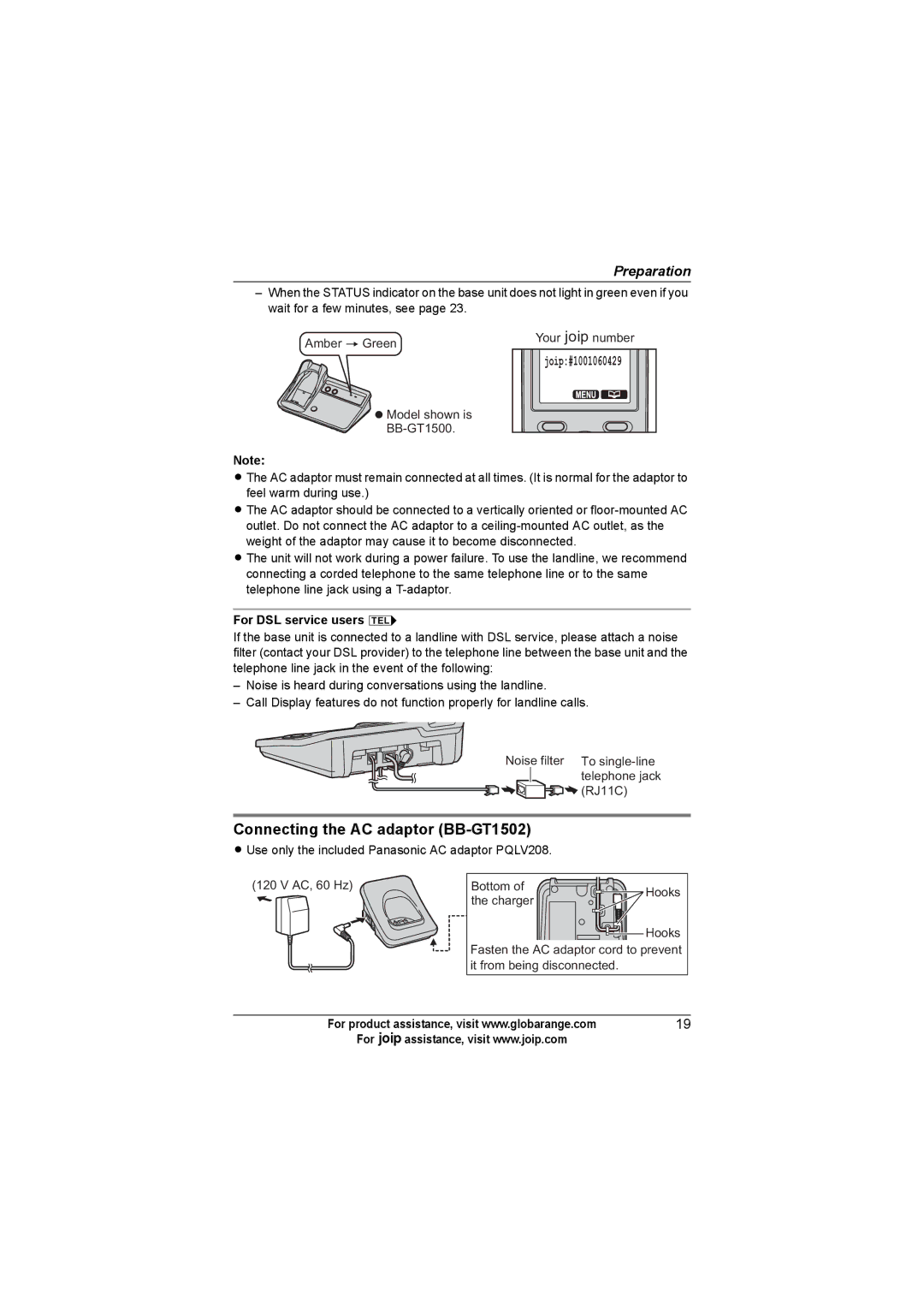 Panasonic BB-GT1500C, BB-GT1540C, BB-GT1502C Connecting the AC adaptor BB-GT1502, For DSL service users k 