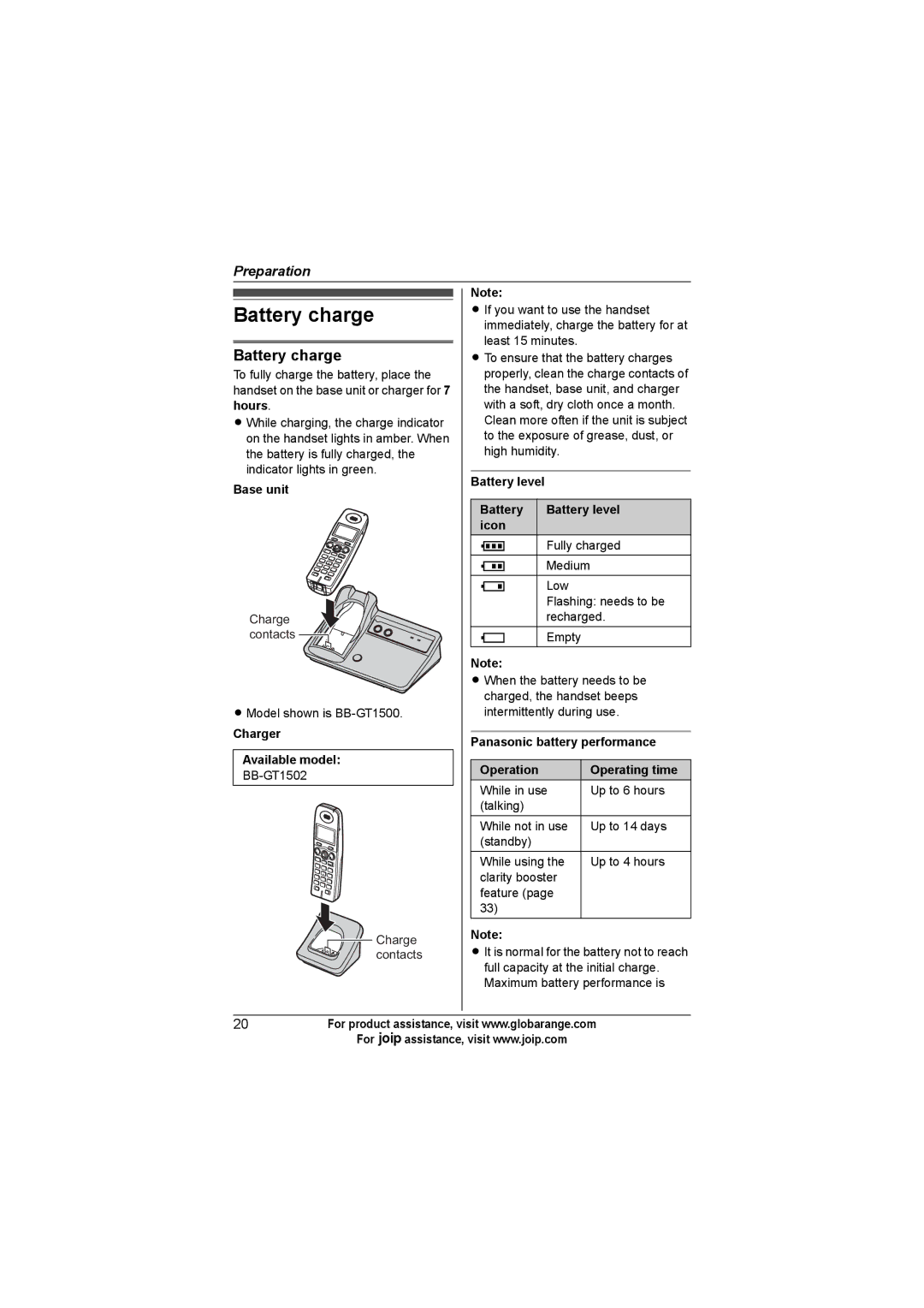 Panasonic BB-GT1502C, BB-GT1540C, BB-GT1500C operating instructions Battery charge 