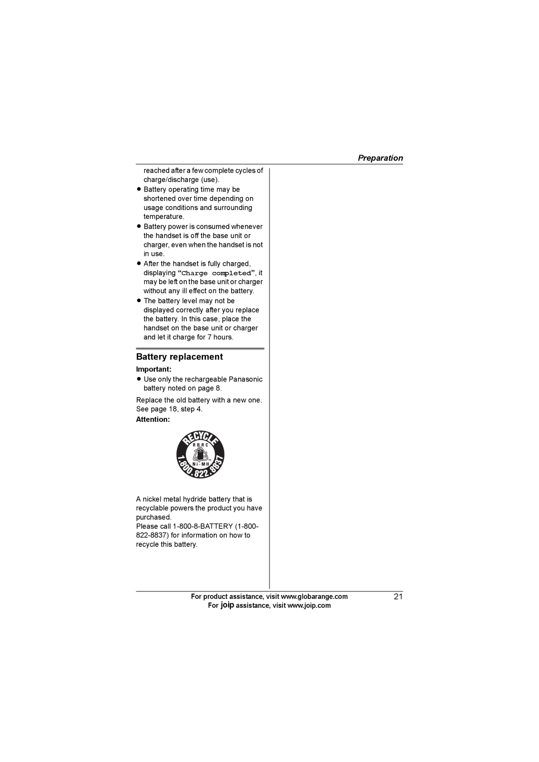 Panasonic BB-GT1540C, BB-GT1500C, BB-GT1502C operating instructions Battery replacement 