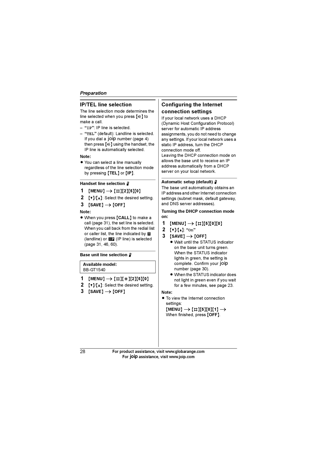 Panasonic BB-GT1500C, BB-GT1540C, BB-GT1502C IP/TEL line selection, Configuring the Internet connection settings 