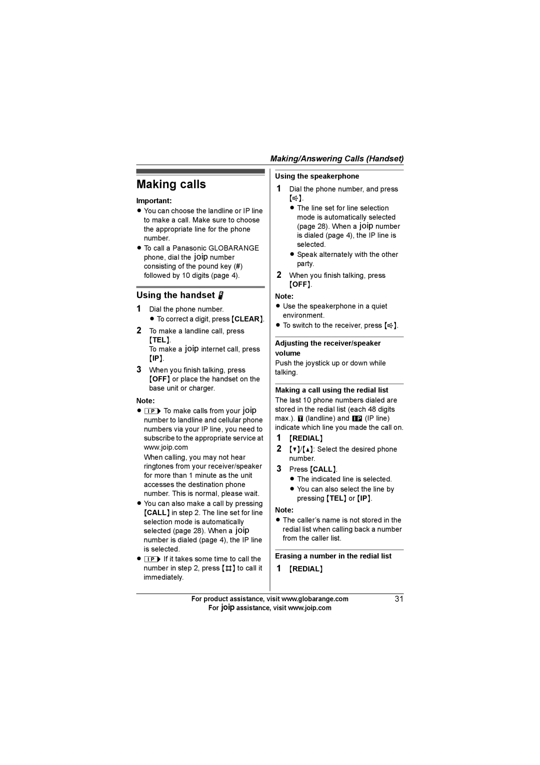 Panasonic BB-GT1500C, BB-GT1540C, BB-GT1502C operating instructions Making calls, Using the handset N, Redial 