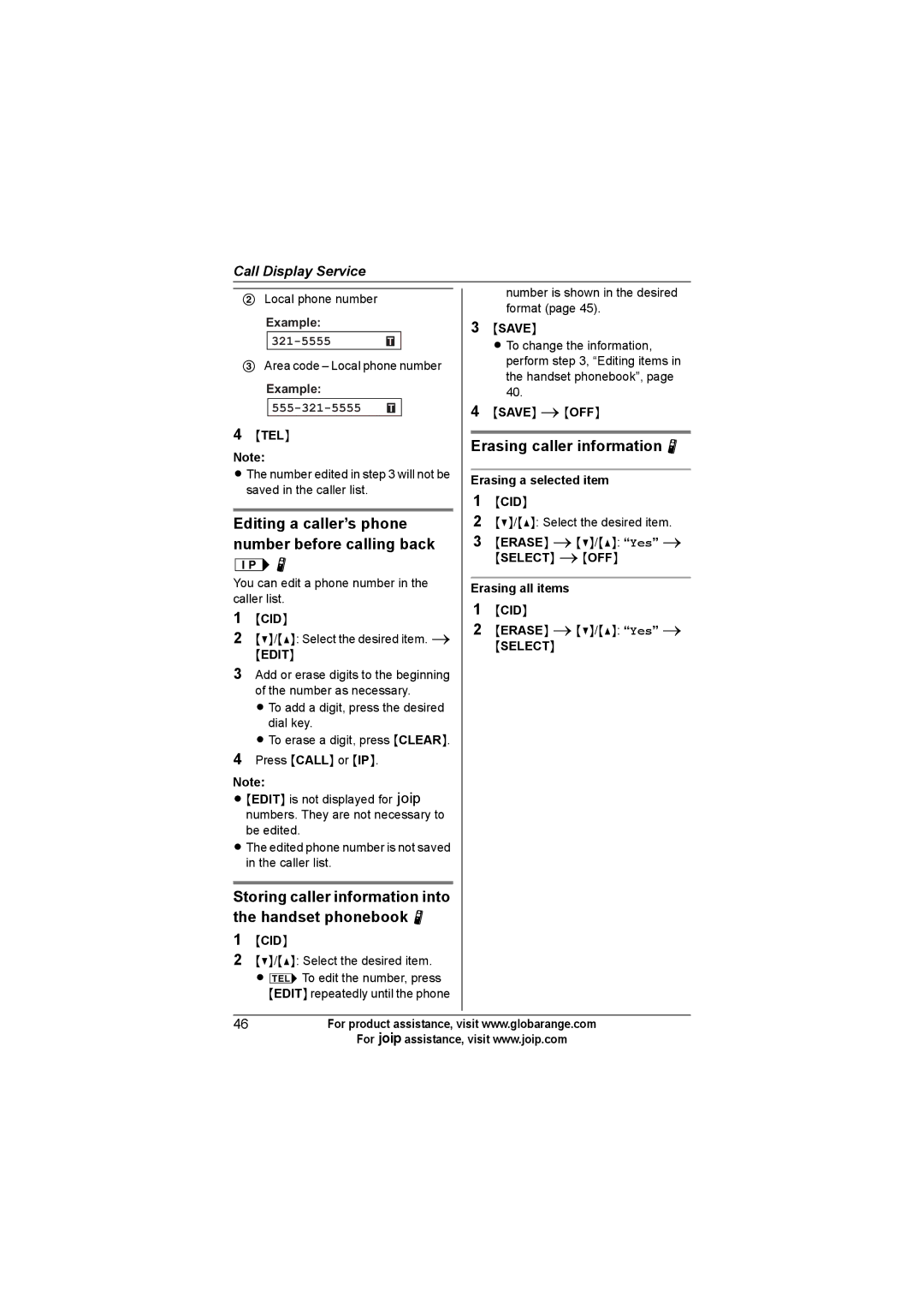 Panasonic BB-GT1500C, BB-GT1540C Erasing caller information N, 321-5555, Example TEL, Erasing a selected item CID 