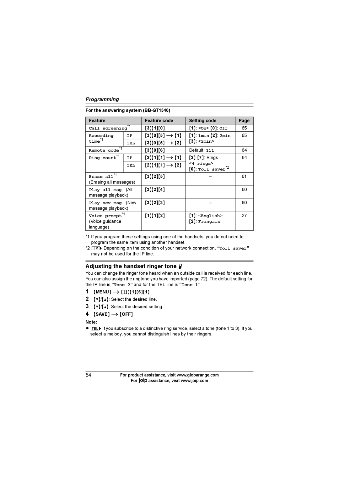 Panasonic BB-GT1540C, BB-GT1500C, BB-GT1502C operating instructions Adjusting the handset ringer tone N 