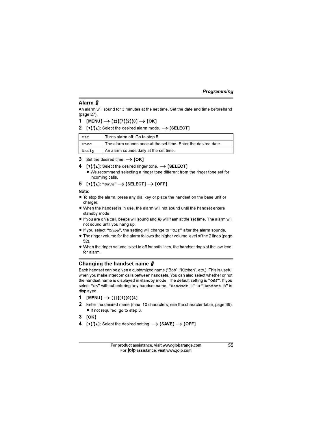 Panasonic BB-GT1500C, BB-GT1540C, BB-GT1502C operating instructions Alarm N, Changing the handset name N, Off, Once, Daily 