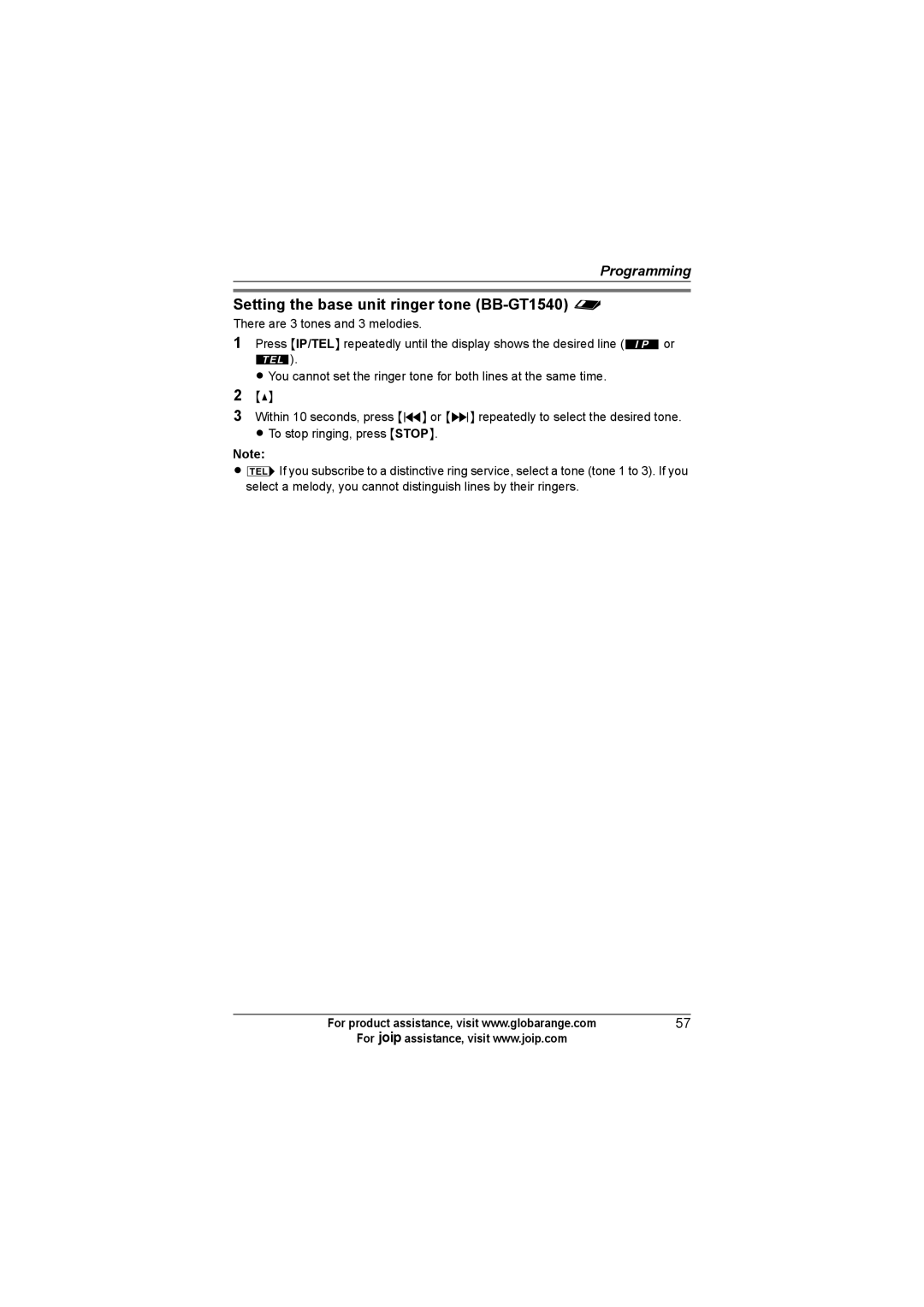 Panasonic BB-GT1540C, BB-GT1500C, BB-GT1502C operating instructions Setting the base unit ringer tone BB-GT1540 f 