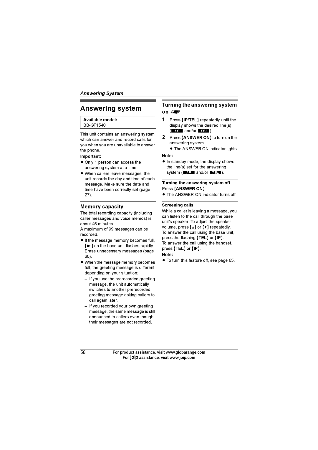 Panasonic BB-GT1500C, BB-GT1540C Answering system, Memory capacity, Turning the answering system on f, Screening calls 