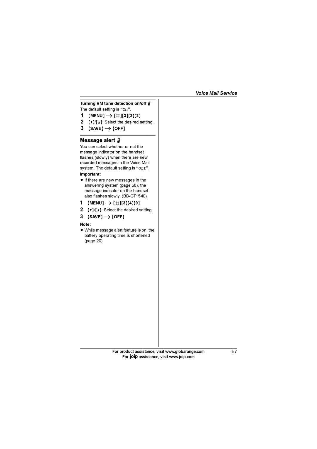 Panasonic BB-GT1500C, BB-GT1540C, BB-GT1502C operating instructions Turning VM tone detection on/off N 