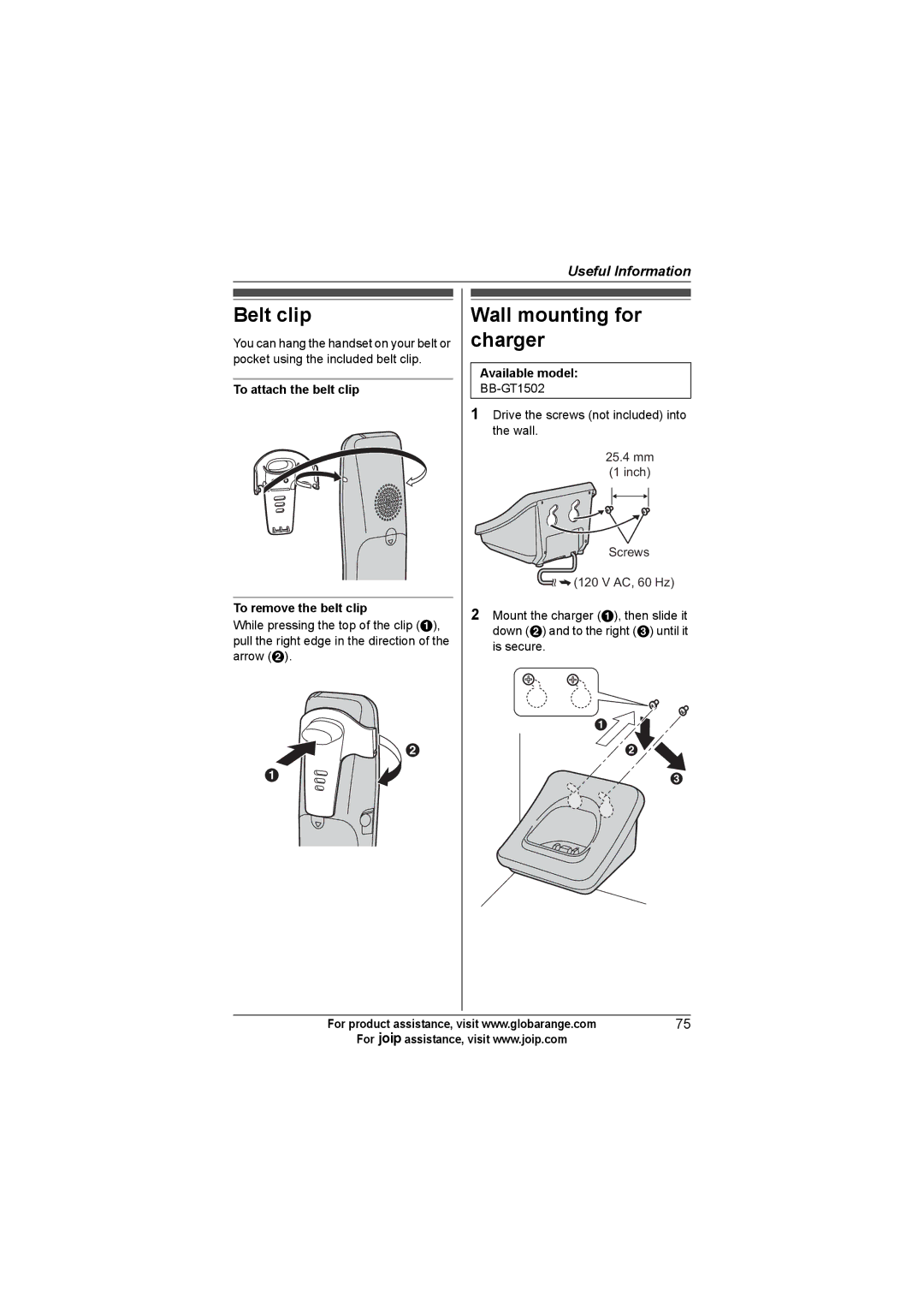 Panasonic BB-GT1540C, BB-GT1500C Belt clip, Wall mounting for charger, To attach the belt clip To remove the belt clip 