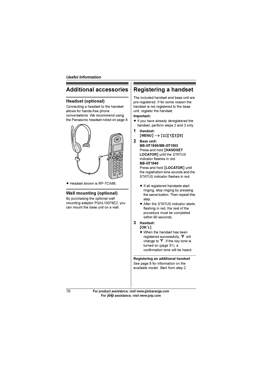 Panasonic BB-GT1500C, BB-GT1540C Additional accessories, Registering a handset, Headset optional, Wall mounting optional 