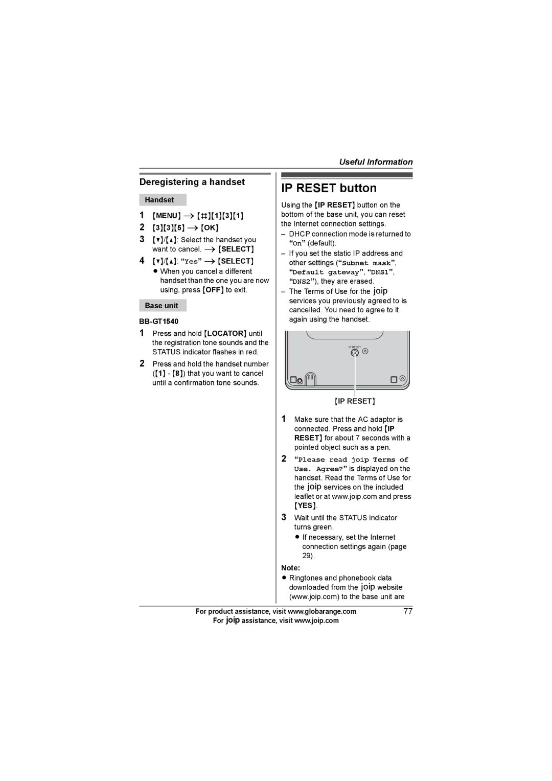 Panasonic BB-GT1502C, BB-GT1540C, BB-GT1500C IP Reset button, Deregistering a handset, Base unit BB-GT1540 