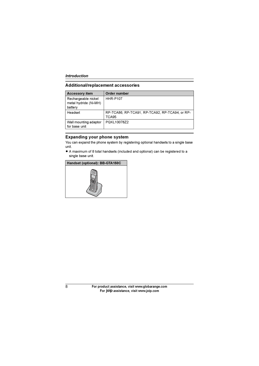 Panasonic BB-GT1502C Additional/replacement accessories, Expanding your phone system, Accessory item Order number 