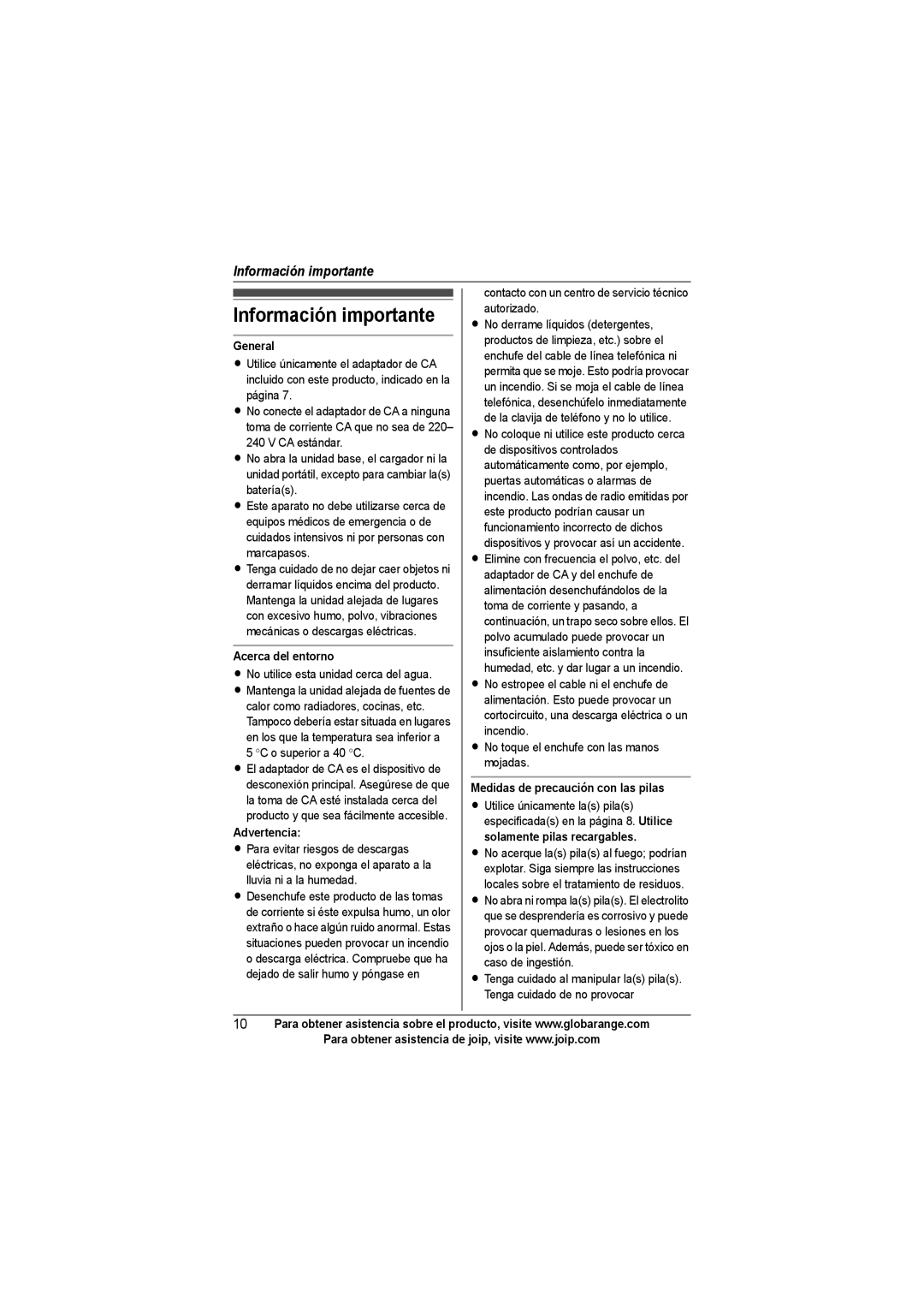 Panasonic BB-GT1540SP manual Información importante, General, Acerca del entorno, Advertencia 