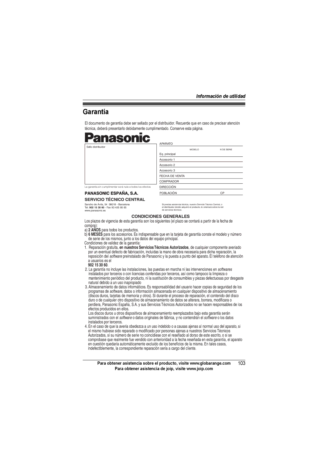 Panasonic BB-GT1540SP manual Garantía, Servicio Técnico Central 