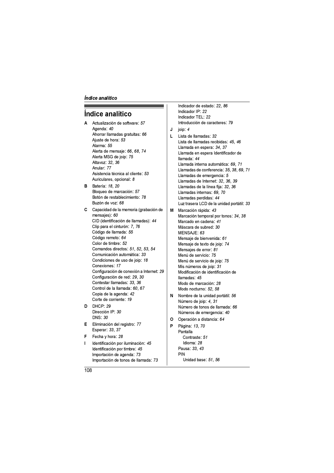 Panasonic BB-GT1540SP manual Índice analítico, Unidad base 51 