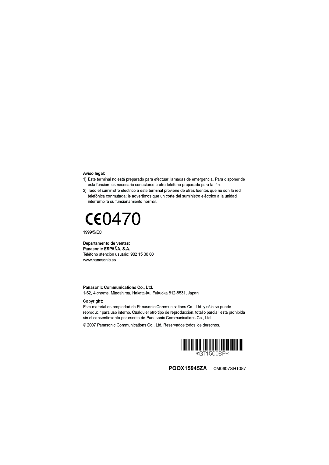 Panasonic BB-GT1540SP manual PQQX15945ZA CM0607SH1087, Aviso legal, Departamento de ventas Panasonic ESPAÑA, S.A, Copyright 