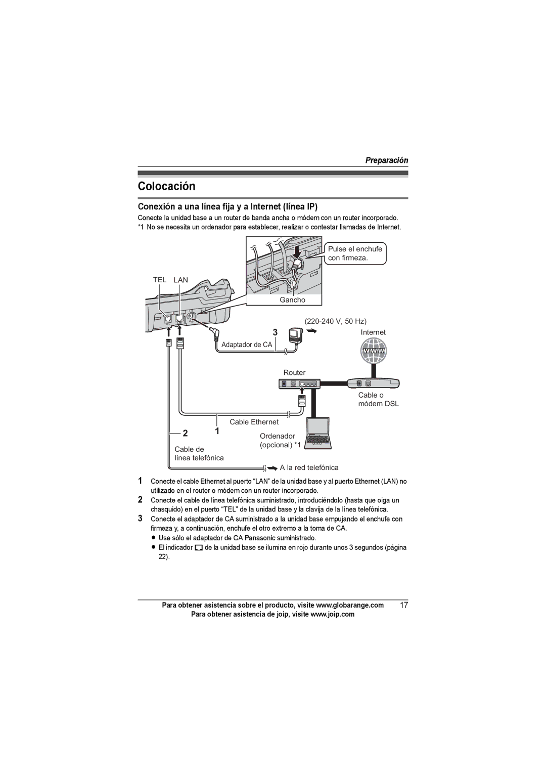 Panasonic BB-GT1540SP manual Colocación, Conexión a una línea fija y a Internet línea IP 