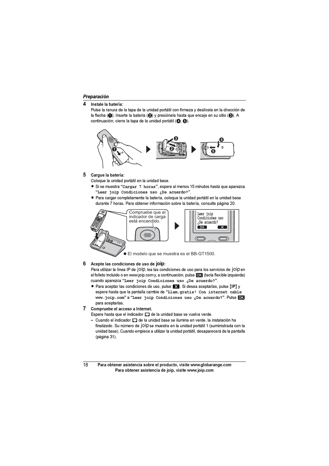 Panasonic BB-GT1540SP manual Instale la batería, Cargue la batería, Compruebe que el indicador de carga está encendido 