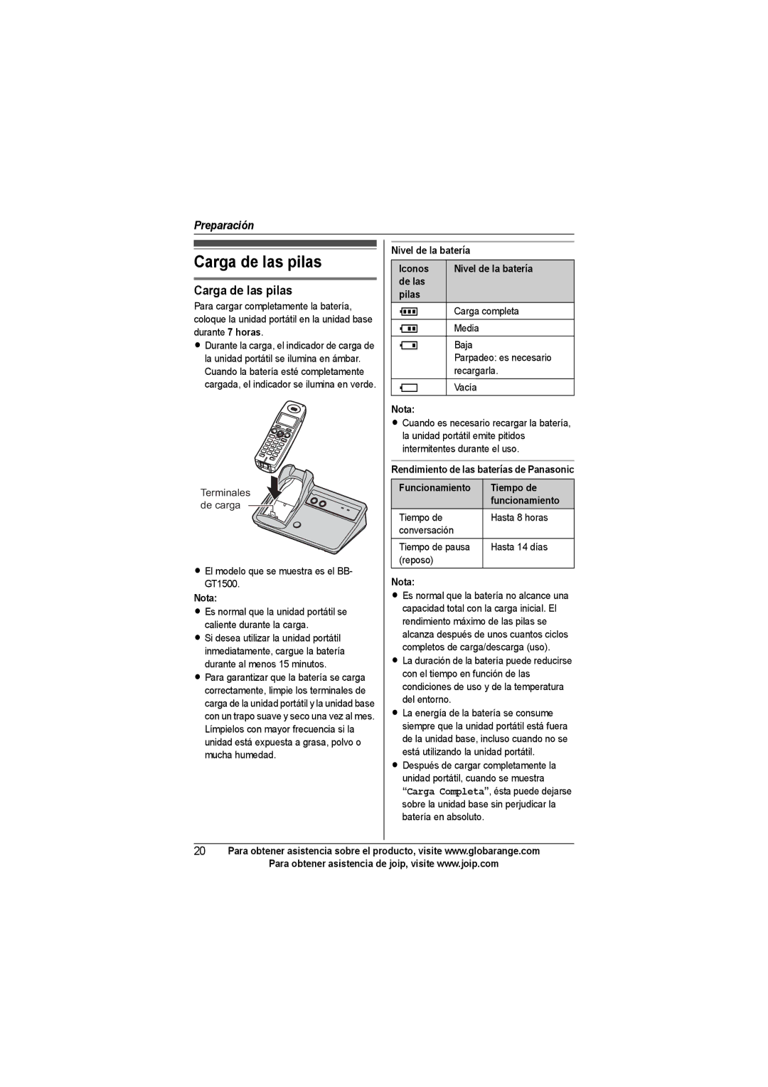 Panasonic BB-GT1540SP manual Carga de las pilas, Nivel de la batería Iconos De las Pilas, Tiempo de, Funcionamiento 