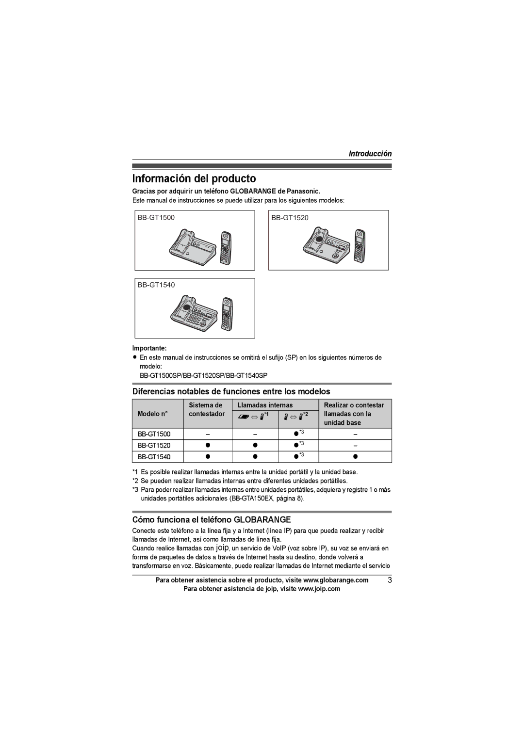 Panasonic BB-GT1540SP manual Información del producto, Diferencias notables de funciones entre los modelos 