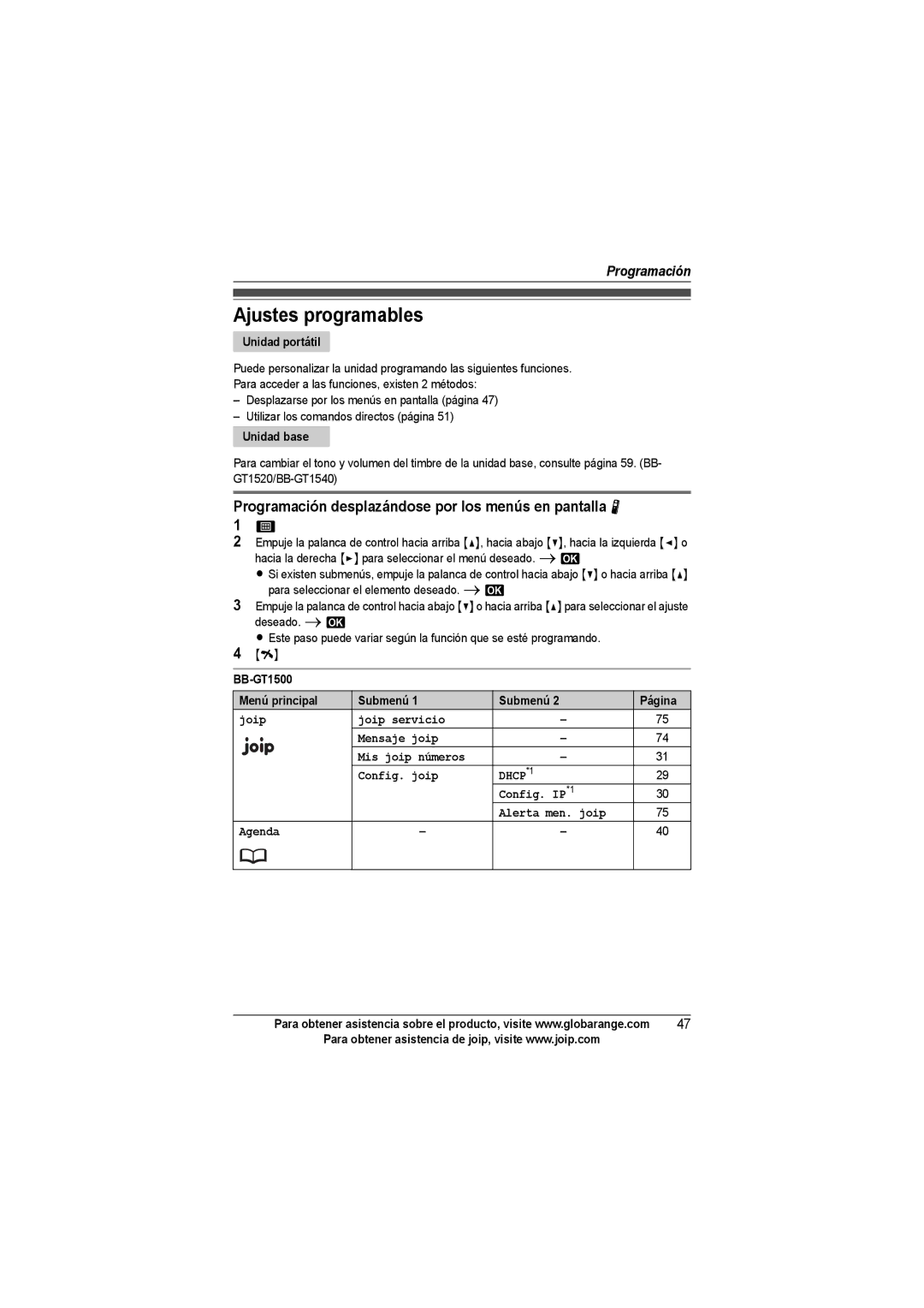 Panasonic BB-GT1540SP manual Ajustes programables, Programación desplazándose por los menús en pantalla N, Unidad portátil 