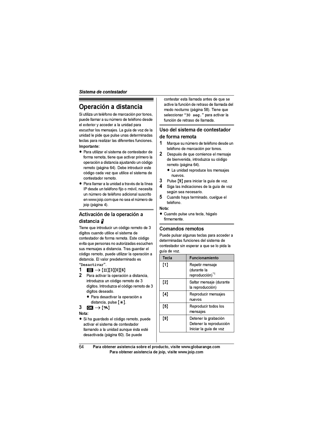 Panasonic BB-GT1540SP manual Operación a distancia, Activación de la operación a distancia N, Comandos remotos 