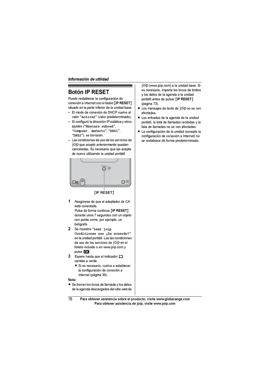 Panasonic BB-GT1540SP manual Botón IP Reset, Los mensajes de texto de Ano se ven afectados 