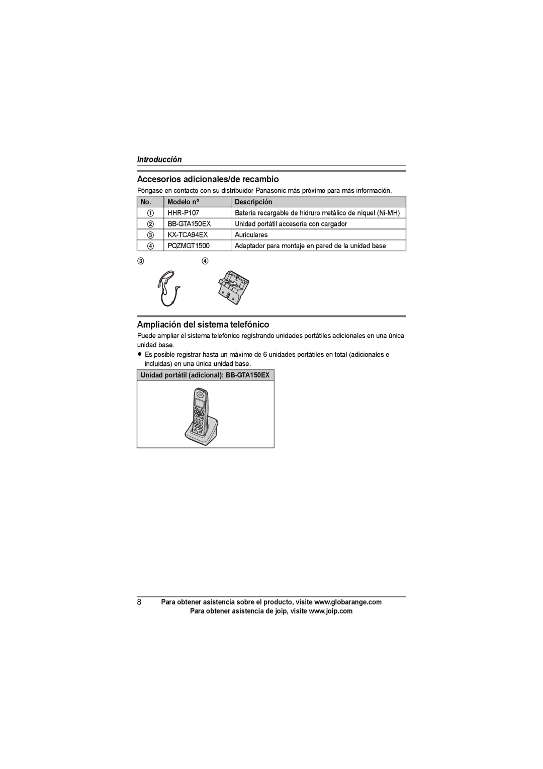 Panasonic BB-GT1540SP manual Accesorios adicionales/de recambio, Ampliación del sistema telefónico, Modelo nº Descripción 