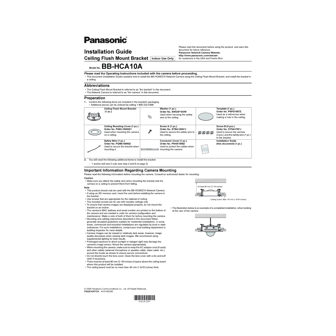 Panasonic BB-HCA10A manual Installation Guide, Ceiling Flush Mount Bracket, Abbreviations, Preparation 