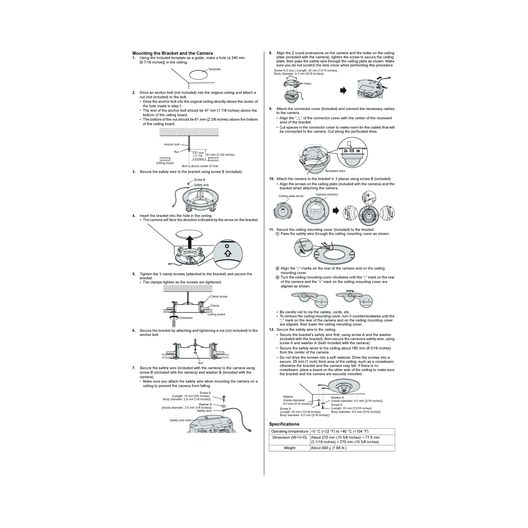 Panasonic BB-HCA10A manual Mounting the Bracket and the Camera, Specifications 