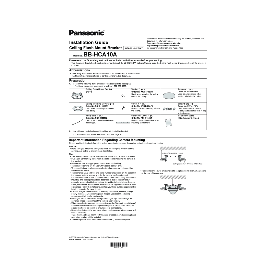 Panasonic BB-HCA10A manual Indoor Use Only, Installation Guide, Ceiling Flush Mount Bracket, Abbreviations, Preparation 