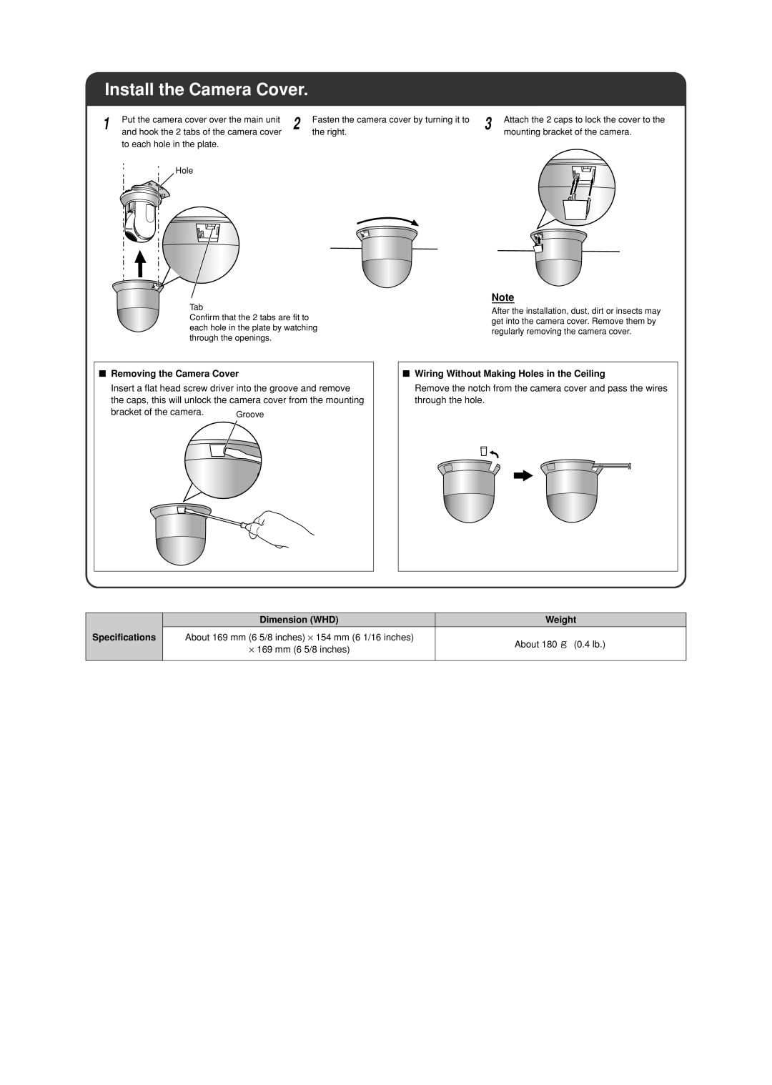Panasonic Bb Hca1a B manual Install the Camera Cover, Removing the Camera Cover, Wiring Without Making Holes in the Ceiling 