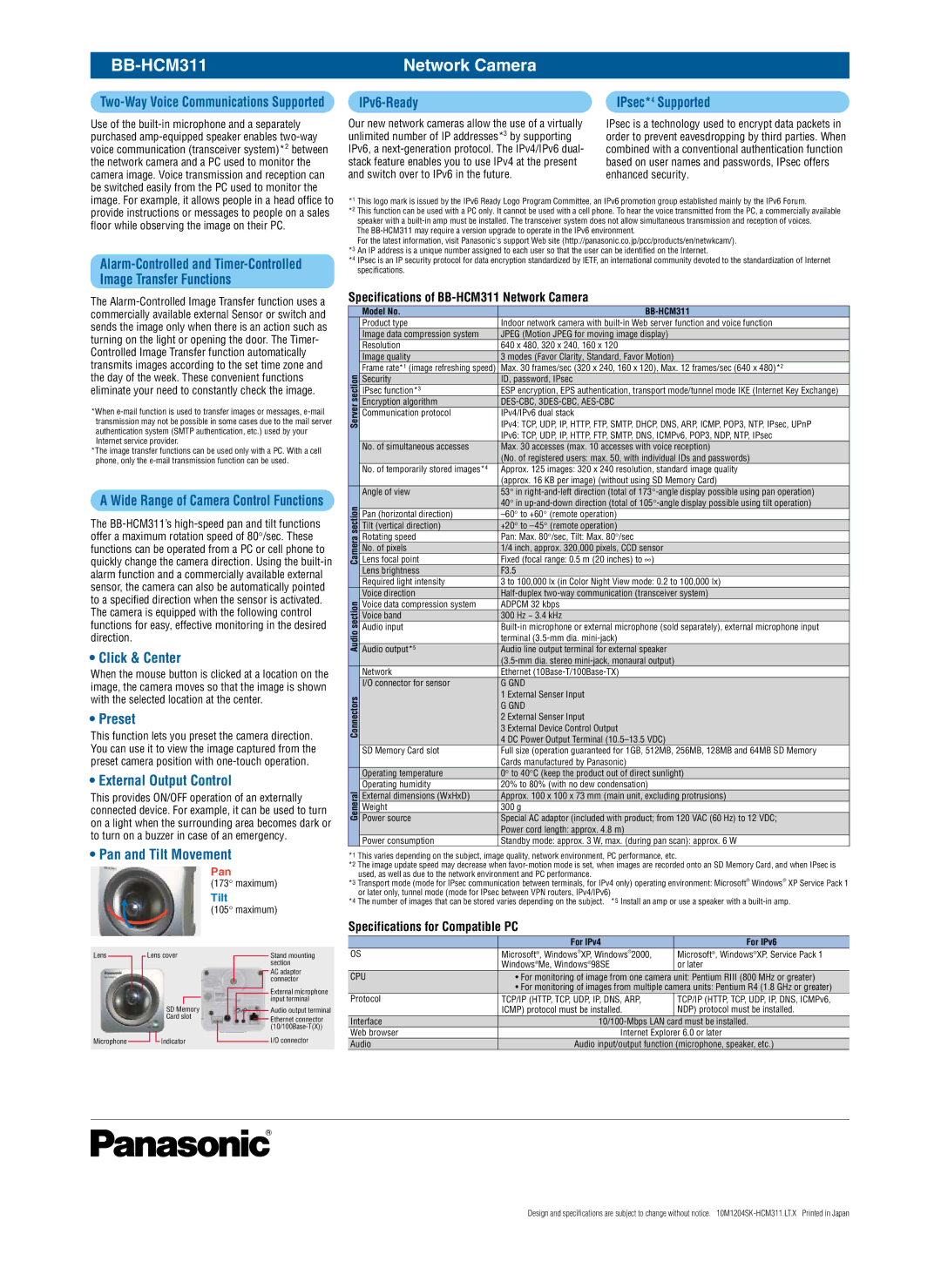 Panasonic BB-HCM311 IPv6-Ready IPsec*4 Supported, Click & Center, Preset, External Output Control, Pan and Tilt Movement 