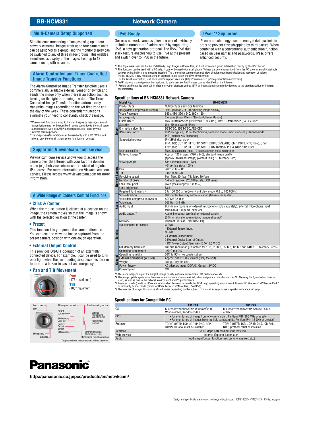 Panasonic BB-HCM331 manual Multi-Camera Setup Supported IPv6-Ready IPsec*4 Supported, Click & Center, Preset 