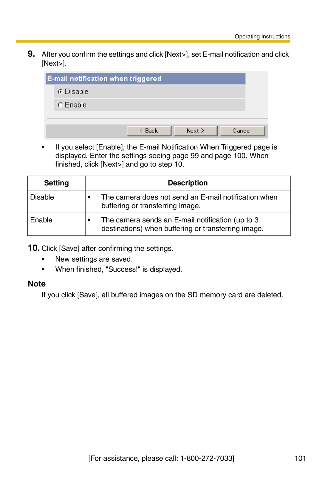 Panasonic BB-HCM331A operating instructions Setting Description 